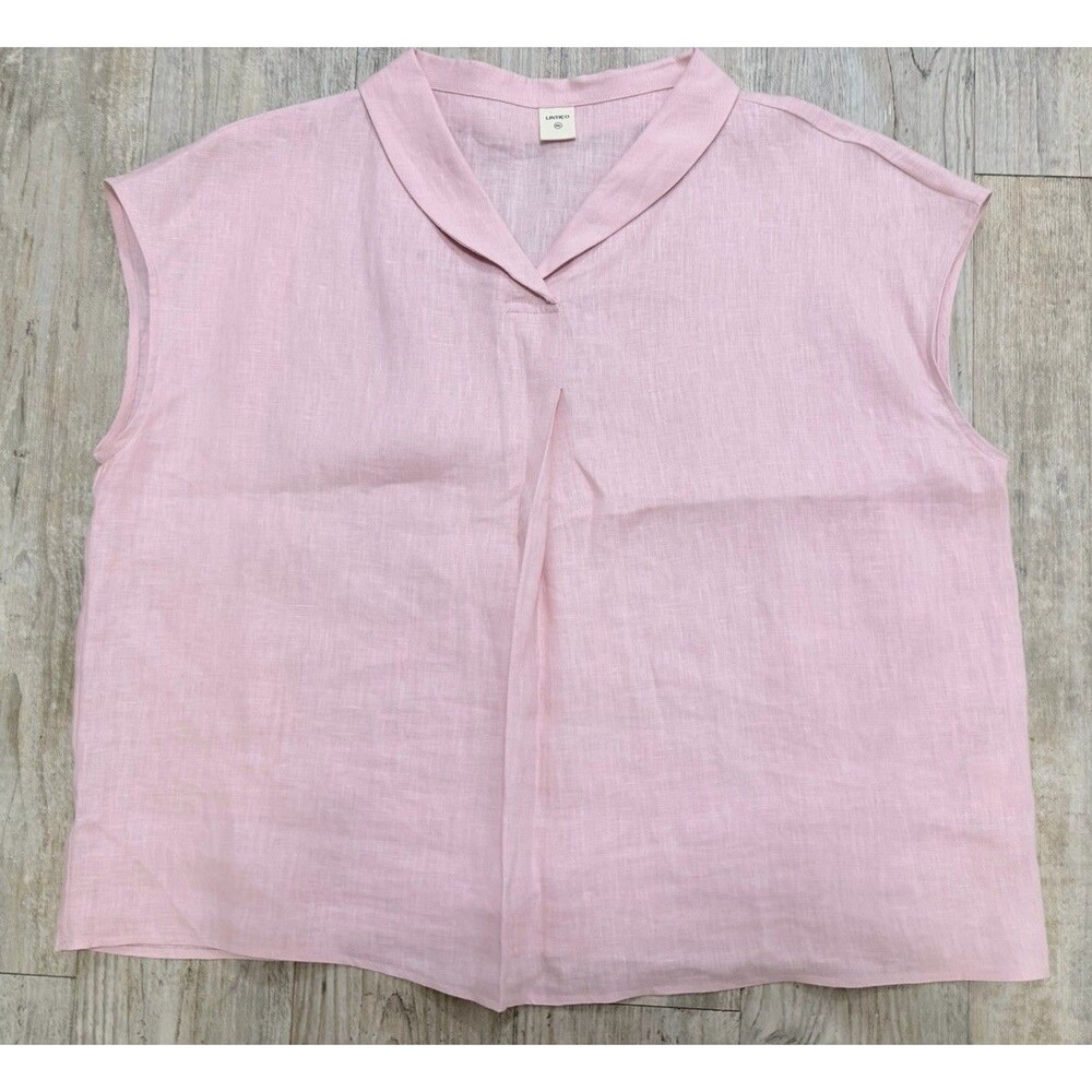 LINTICO Women’s Pink Linen Pleated Collared Sleeveless Pullover Blouse XXL